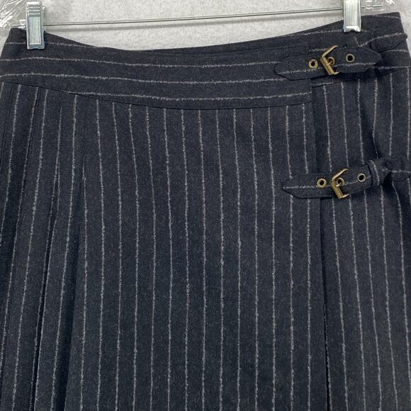 ARAYAL Skirt 42 Wool Flannel Pinstriped Wrap Mini Pleated Asymmetric Gray - Picture 2 of 10